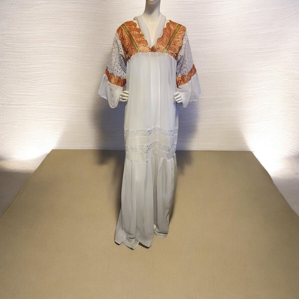 Bohemian Embroidered V-Neck Maxi Dress - White with Burnt Orange Accents